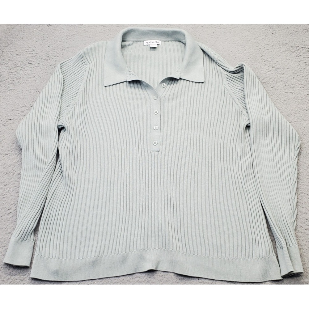 Athleta Polo Sweater Women 3X Green Ribbed Knit Raglan Cuff & Hem Collar Popover